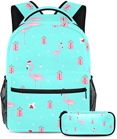 Freizeit-Campus-Reiserucksack mit Federmäppchen, Flamingo, Pink, Geschenk, blaue Taschen mit Flaschenhalter, für Mädchen und Jungen, metallisch, pencil case:7.5x3x1.5in backpack:11.5x8x16 in
