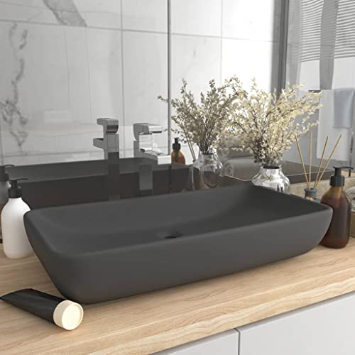 HOMIUSE Luxus-Waschbecken Rechteckig Matt Dunkelgrau 71x38 cm Keramik Waschbecken Waschtisch Aufsatzwaschbecken Badunterschrank Waschbecken GäSte Wc Waschbecken Ohne Hahnloch Aufsatzwaschbecken