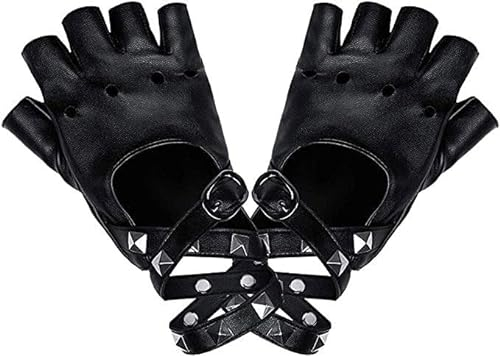 Punk Handschuhe Damen Nieten Handschuhe Fingerlos Rock Handschuhe Frauen Lederhandschuhe Leder Handschuhe Fingerfrei Disco Kostüm Zubehör für Tanz Hip Hop Performance Pole Dance Cosplay Party(1 Paar)