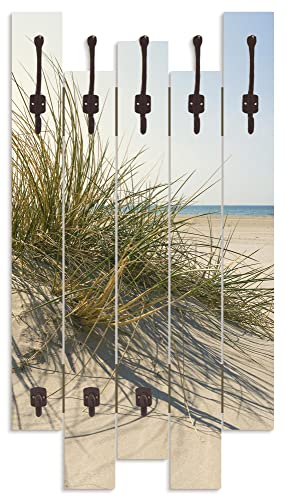 ARTLAND Wandgarderobe Garderobenpaneel Holz mit 8 Haken 63x114 cm Design Garderobe mit Motiv Landschaft Meer Strand Sand Gräser Sonnenlicht S9ZI
