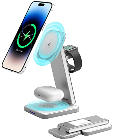 SPGUARD Mag-Safe Chargeur Magnétique sans Fil,Chargeur Pliable 3 en 1 Induction Compatible avec iPhone 16/15/14/13/12 Series, iwatch Series 10/9/8/ultra,air pods 4/3/2(Blanc)