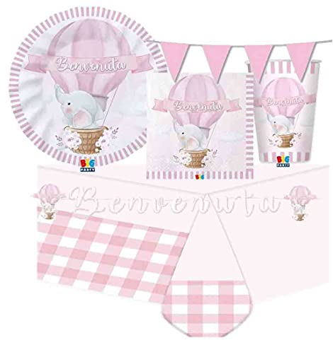 irpot kit n.17 per 40 persone benvenuta elefantino in mongolfiera coordinato nascita bambina decorazioni piatti carta bicchieri tovaglioli elefante