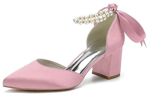 Donna A Punta Scarpe da Sposa con Tacco Largo in Raso Décolleté Perlas Cinturino alla Caviglia Scarpe da Feste Matrimonio,Rosa,39 EU