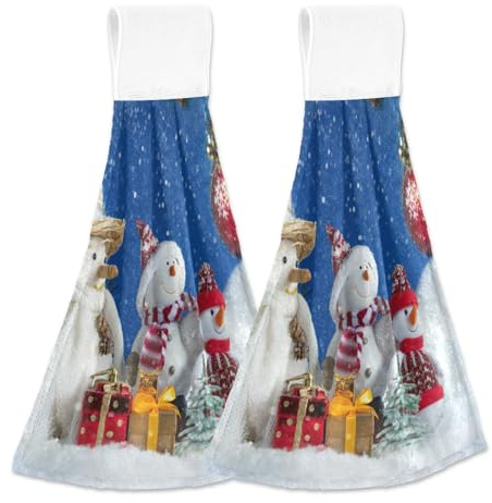 ZRWLUCKY Küchenhandtuch mit Weihnachtsmotiv und Schneemann-Motiv, weich, saugfähig, mit Schlaufen für Backofen, Herd, Spüle, Bar, Blau, 2 Stück
