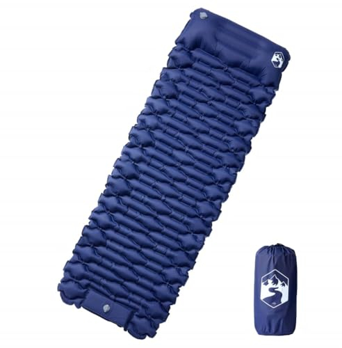 vidaXL Isomatte, Luftmatratze mit Integriertem Kissen Fußpumpe, Campingmatte Tragbar Selbstaufblasend, Schlafmatte, Marineblau 40D-Nylon
