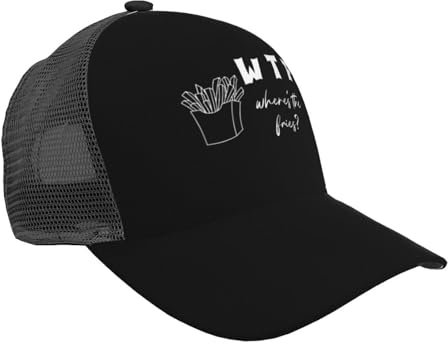 WTF Where's The Fries Baseballkappe für Männer und Frauen, verstellbare Netz-Trucker-Mütze, Schwarz