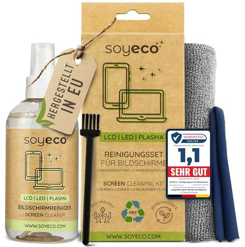 SOYECO ECO Reinigungsset - Bildschirmreiniger 250ml + 2 Mikrofasertücher + Tastaturpinsel - für eine umfassende Gerätepflege - geeignet für alle Handy, Laptop & Displays sowie Tastatur, PC, PS5 uvm.