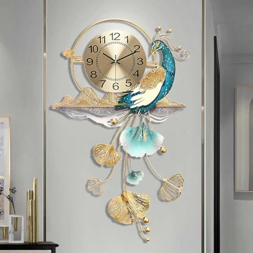 Ginkgo 3D-Wandkunst und Uhr. Große Wanduhr aus Metall, dekorativ, großes Pfauendesign für das Wohnzimmer, glamouröse und atemberaubende Wohndekoration, für Wohnzimmer, Schlafzimmer, Dekoration, 82 x