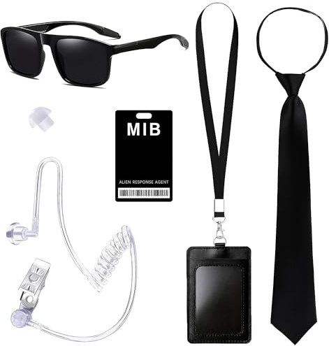 Horolam 6PCS Agent Kostüm Zubehör, Geheimdienst Kostüm Set Spion Kostüm Zubehör mit schwarzer Sonnenbrille Zip Krawatte Hörer ID Karte und Kartenhalter für Männer Frauen Kinder (schwarz)