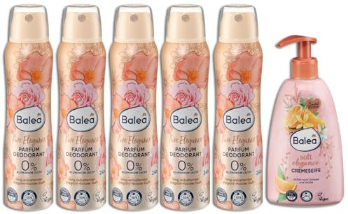 6er Set: Balea Deospray Parfum Deodorant Pure Elegance, 5x150 ml, 24 h Deoschutz, Elegant floraler Duft, 0% Aluminium (ACH)- 1 x Cremeseife, 500 ml