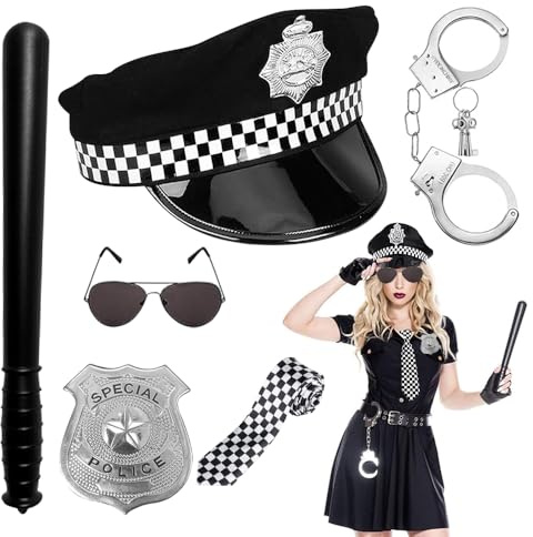 Mineup Polizei Zubehör Set, 7 Stück Polizei Kostüm Damen, Polizei Kostüm Zubehör, mit Polizei Mütze, Handschellen, Polizeimarke, Krawatte, Pilotenbrille, Baton für Cosplay Mottoparty Karneval