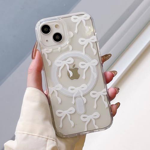 UEEBAI Magnetic Case for iPhone 15 Plus & 14 Plus, Bow Case Compatible with MagSafe, Slim Clear Ribbon Translucent Shockproof Protective Cover for Women - White