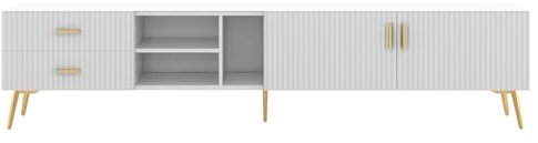Modern TV Stand for 75 Inch TV, Entertainment Center with 2 Drawers, 2 Cabinets & 3 Open Storage Shelves, MDF Wood Console Table for Living Room, Bedroom, Media Stand with Gold Metal Legs (White)