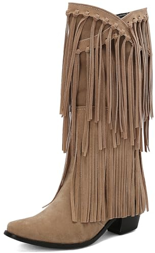 Gicoiz Femme Pointu Frange Western Botte Haute Jusqu'Au Genou