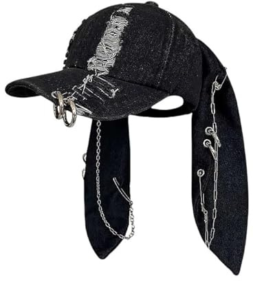 Cynefoa Y2k Grunge Hut Denim Bunny Ear Cap Distressed Baseball Cap Iron Ring Punk Kpop Outfits für Frauen Zubehör Unisex
