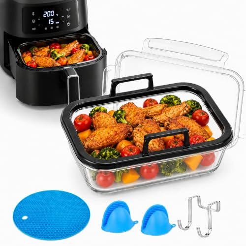 plat air fryer en verre avec couvercle et crochet pour four et micro | Capacité 1L, résistant 220°C, cadre amovible, 20.3x15.5x9.4cm, lave-vaisselle, avec tapis et gants isolants