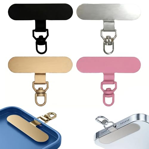 4 Pezzi Toppa per Cordino Cellulare in Acciaio Inossidabile, Gancio Telefono Ultra Sottile con Rotazione 360°, Connettore Universale per Cordino Porta Cellulare e Catena, Nero/Argento/Oro/Rosa