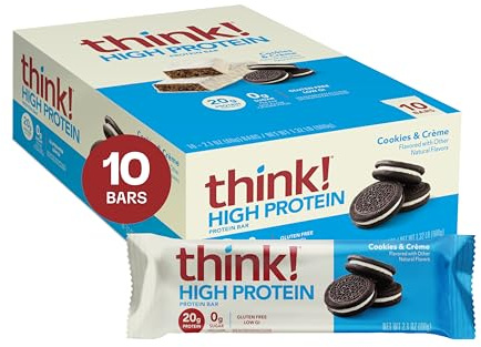 think! Protein Bars, High Protein Snacks, Gluten Free, Kosher Friendly, Cookies and Crème, Nutrition Bars, 2.1 Oz per Bar, 10 Count (Packaging May Vary)