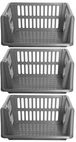 Large 3 Tier Stacking Baskets Storage Veg Rack Plastic Stackers 35cm - Silver