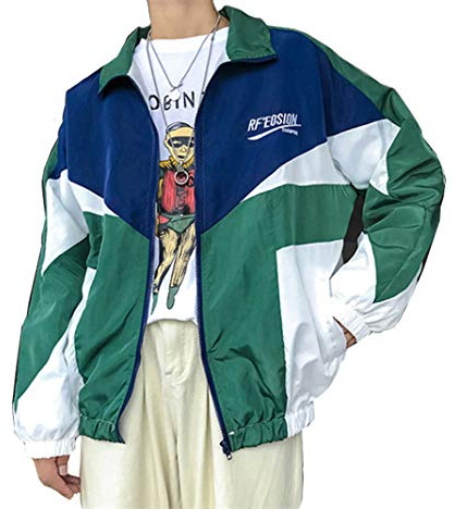 Retro Colorblocked Track Jacket Windbreaker Jacket Athletic Hip Hop Outdoor Windproof Coat(7, L)