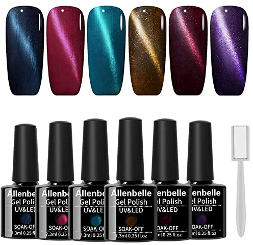 Allenbelle Gel Nail Polishes-Cat Eye Gel Nail Polish Set Soak Off Magnetic Gel Nail Polish UV LED Required(Lot of 6pcs 7.3ML/pc,magnet as gift)001