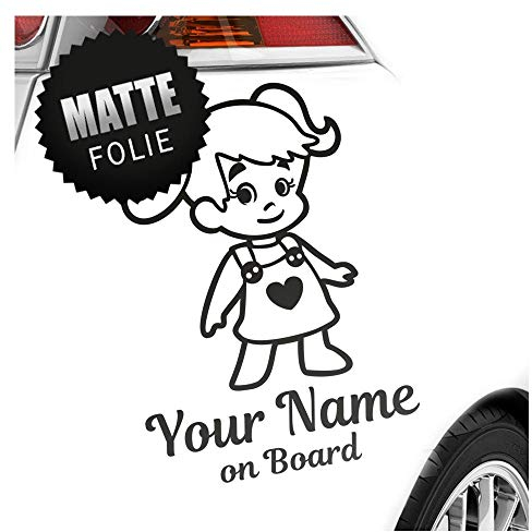 Kiwistar - Babyaufkleber - Mattschwarz - Mädchen Zöpfe Herz Sticker - mit Wunschtext individuell personalisiert + Baby on Board 15cm - für Auto, Motorrad, Tuning - Aufkleber selbst gestalten
