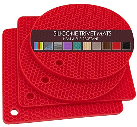 QPIX Silicone Trivets, 4PCS Flexible Multipurpose Hot Pads, Heat Resistant, Non-Slip, Red