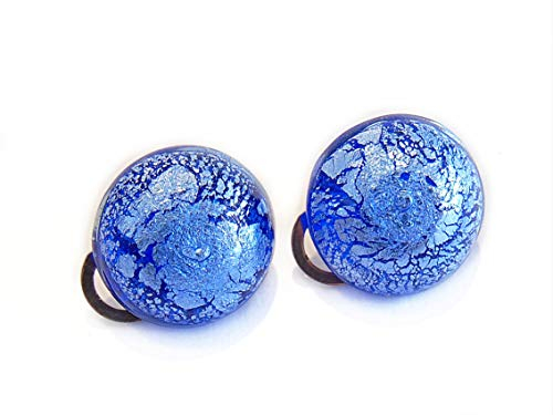 VENEZIA CLASSICA Damen-Ohrringe aus Muranoglas mit Silberblatt, Ohrclip aus Messing, Blau
