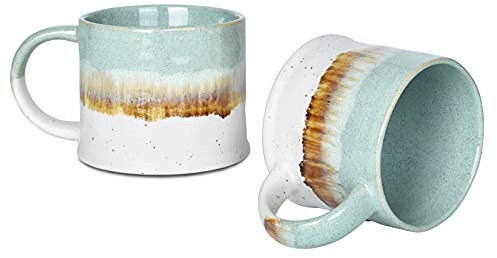 Bosmarlin Medium Ceramic Coffee Mug Set of 2, 15 oz, Big Stoneware Tea Cup for Office and Home, Dishwasher and Microwave Safe (Green, 2)