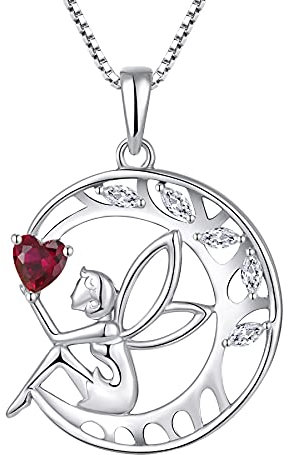 FJ Collier Femme Collier Ange Gardien Argent Sterling 925 Pendentif Arbre de Vie Lune Collier Pierre de Naissance Juillet Rubis Bijoux Cadeaux pour Femme Fille