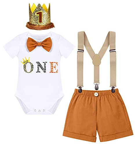 Cake Smash Outfit Boy First Birthday Baby Wild One Jungle Safari Theme Romper+Shorts+Y-back Suspenders+Headband 4PCS Clothes Baptism Wedding Party Gentleman Formal Suit Photo Props Brown 1 Year