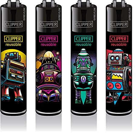 Clipper Feuerzeuge Classic Large - 4er Set + 1x Clipper Dhobia Feuerzeug Gratis (Retro Wave Robots, Kunststoff) LMC157