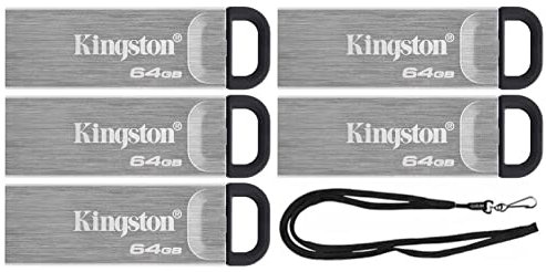 Kingston 64GB DataTraveler Kyson High Performance up to 200MB/s USB 3.2 Metal Flash Drive DTKN/64GB Bundle with (1) GoRAM Black Lanyard (64GB, 5 Pack)
