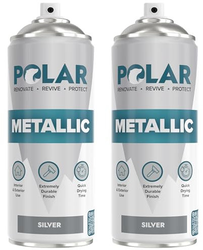 Polar Metallic Silver Spray Paint - 2 x 400ml | Multi-Purpose Interior & Exterior Use | Ideal Silver Spray Paint For Metal, Wood, Glass, Plastic, Ceramics & Ornaments | Quick Drying | Easy to Apply