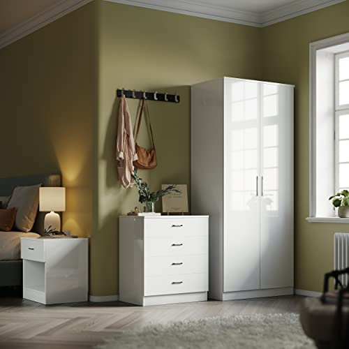 ELEGANT Modern High Gloss Wardrobe and Cabinet Furniture Set Bedroom 2 Doors Wardrobe and 4 Drawer Chest and Bedside Cabinet, White