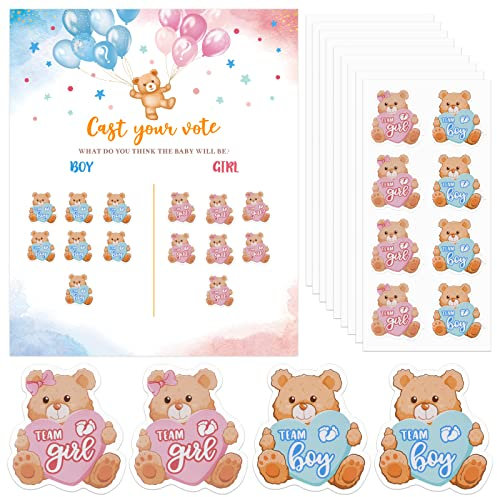 BOFUNX Juego de Revelación Sexo de Bebe 1 Cartel Póster de Voto de Gender Reveal+10 Hojas de Pegatinas Team Boy y Team Girl Etiquetas Adhesivas para Niños Niñas para Fiesta Baby Shower
