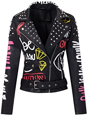 RISISSIDA Damen Streetwear Trendy (1er Pack) | Trendige Emo-Kleidung, hüftlang, Graffiti-Druck, Farbblock-Design, silberfarbene Nieten, asymmetrischer Reißverschluss