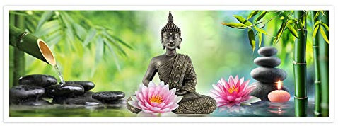MBOUFOEY Thailand Zen Kunstdruck auf Leinwand, grüner Bambus, Lotusblume und Buddha-Statuen, natürliche Landschaftsmalerei, moderne Wandkunst, großes Banner, ohne Rahmen (Bronze, 56x156 cm)