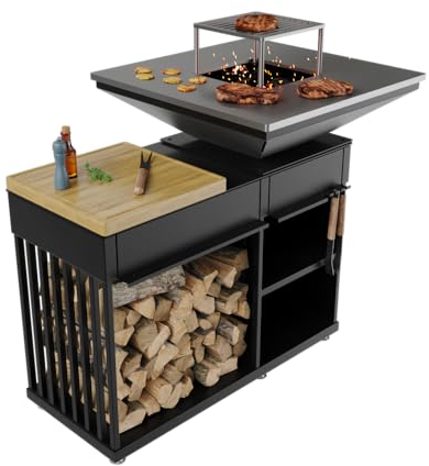 Kratki Grill/Feuerstelle Quadrum | mit Holzplatte | QUADRUM/BBQ/H/B