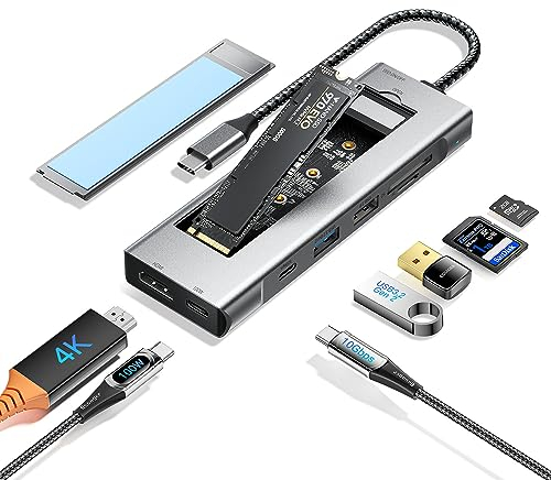 ESSAGER Hub USB C 8 en 1 avec boîtier SSD M.2 NVMe/SATA 10 Gbit/s, HDMI 4 K 1.4, USB 3.2 Gen2, PD100W, alliage d'aluminium, boîtier USB-C pour M.2 NVMe SATA SSD pour Mac Mini M1 2 3 4