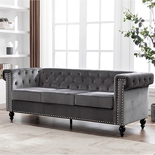 RETRIN Sitzgruppe 3 Sitzer Sofa,Bettfunktion Couch besteht aus Samt,Wohnzimmermöbel Dekorative und Comfortable Sofa Holzgestell,Metallbeine,Modernes Design,206 x 75.5 x 77 cm,Grey