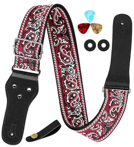 Musiin Gitarrengurt Classic Style Pattern Gitarrengurt Set für Bass, Elektro- & Akustikgitarre (Schwarz & Rot)