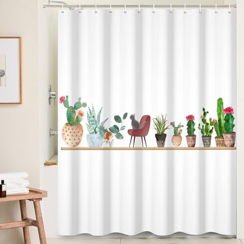 Ttincceer 152x183cm Cactus Gato Cortina de Ducha Verde Desierto Planta Animal Cortinas de Ducha Acuarela Cactus Mascota Gato Cortina de baño Impermeable bañera Cortina