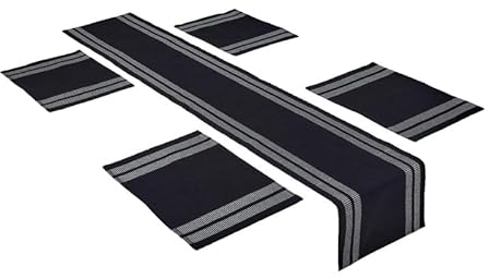 Encasa XO Tischläufer und Platzset Set 4 | Feingerippte Baumwolle | Ladder Black | 1 Tischläufer Größe 32x137 cm & Jede Tischmatte Größe 48x32 cm