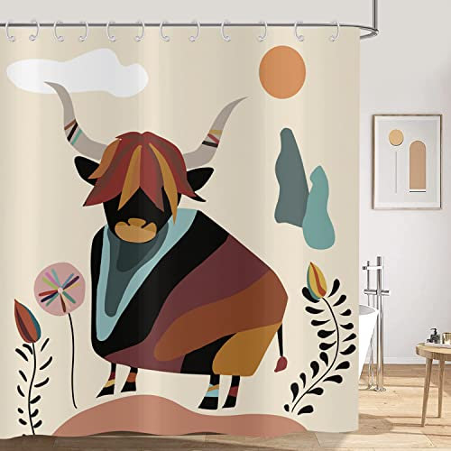 Hnmdmyi Duschvorhang Boho 180x200, Mid Century Cow Duschvorhänge Modern Abstrakt Minimalistisch Lustig Hochland Kuh Stier Ästhetisch Beige Badewanne Vorhang Wasserdicht Polyester Stoff Badevorhang