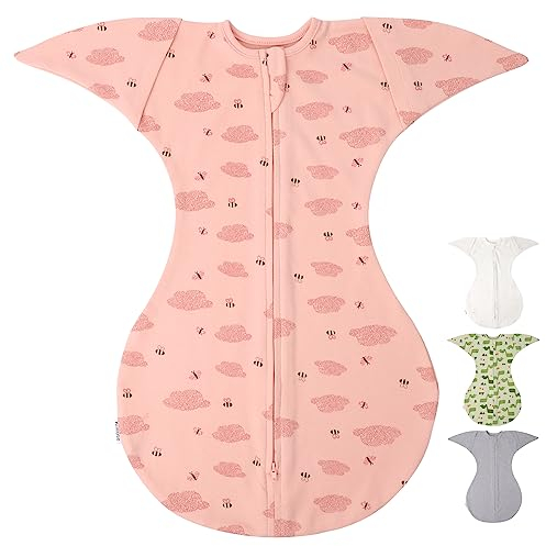 Knirose Pucksack Baby Übergangsschlafsack mit Anti-Erschrecken Funktion, Arme hoch Position, Baby Schlafsack mit Doppelreißverschluss für einfaches Windelwechseln (Rosa, 3-6 Monate)