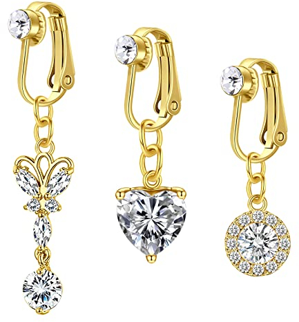 VCMART 3pcs finto ombelico anelli clip su non forato oro Navel Bars gioielli piercing finto con cuore farfalla penzoloni