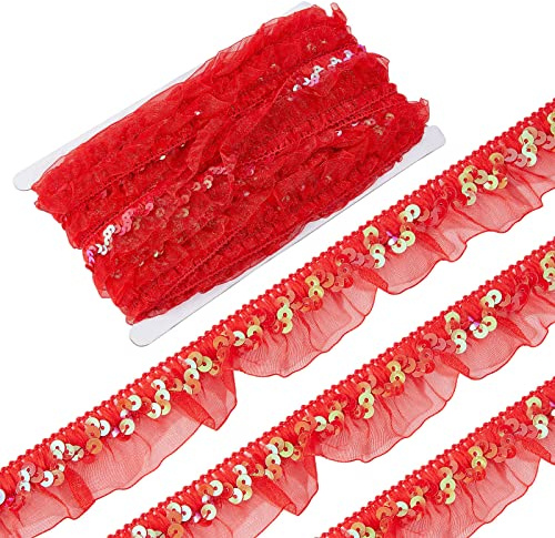 GORGECRAFT 12mx30mm Weihnachten Satin Organza Rot Plissee Borte Spitze Geraffter Mesh-Stoff Stretch Rüschenband Elastische Kanten Faserkantenbesätze Für Stoffe Näharbeiten Basteln Bestickte Applika