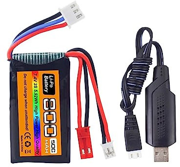 7.4V LiPo batteries 2S 50C 800mAh connecteur JST PH2.0 avec câble de charge USB pour voiture SCX24, pour la plupart des batteries de voitures RC camions et drones RC à l'échelle 1/10, 1/16, 1/18, 1/24