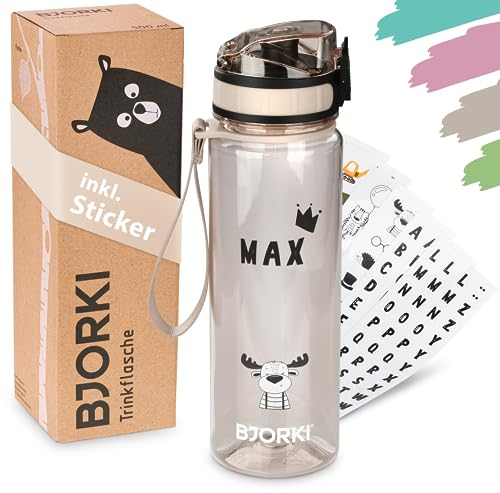 BJORKI® Kinder Trinkflasche auslaufsicher 500ml inkl. BONUS Namenssticker - Ideal für Schule, Kindergarten & Sport - Kohlensäure geeignet - Robuste Wasserflasche für Kinder (Pastell Beige)